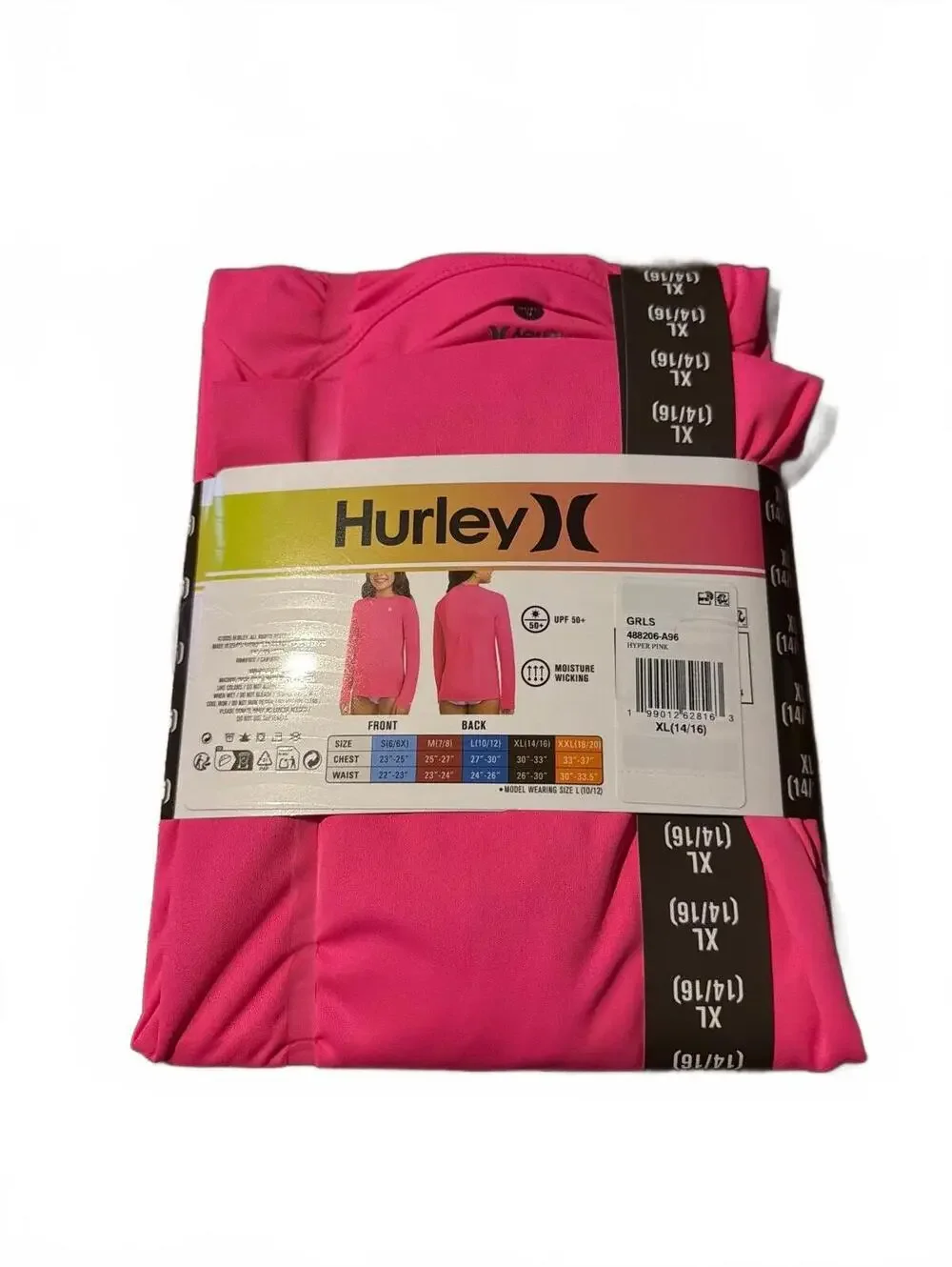 Hurley Girls' Long Sleeve UPF 50+ Swim Top, Pink, XL (14/16)